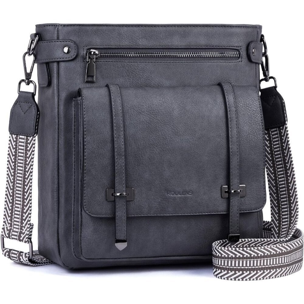 Women’s Dark Gray Leather Purses Multi-Pocket Adjustable Strap Crossbody Bags